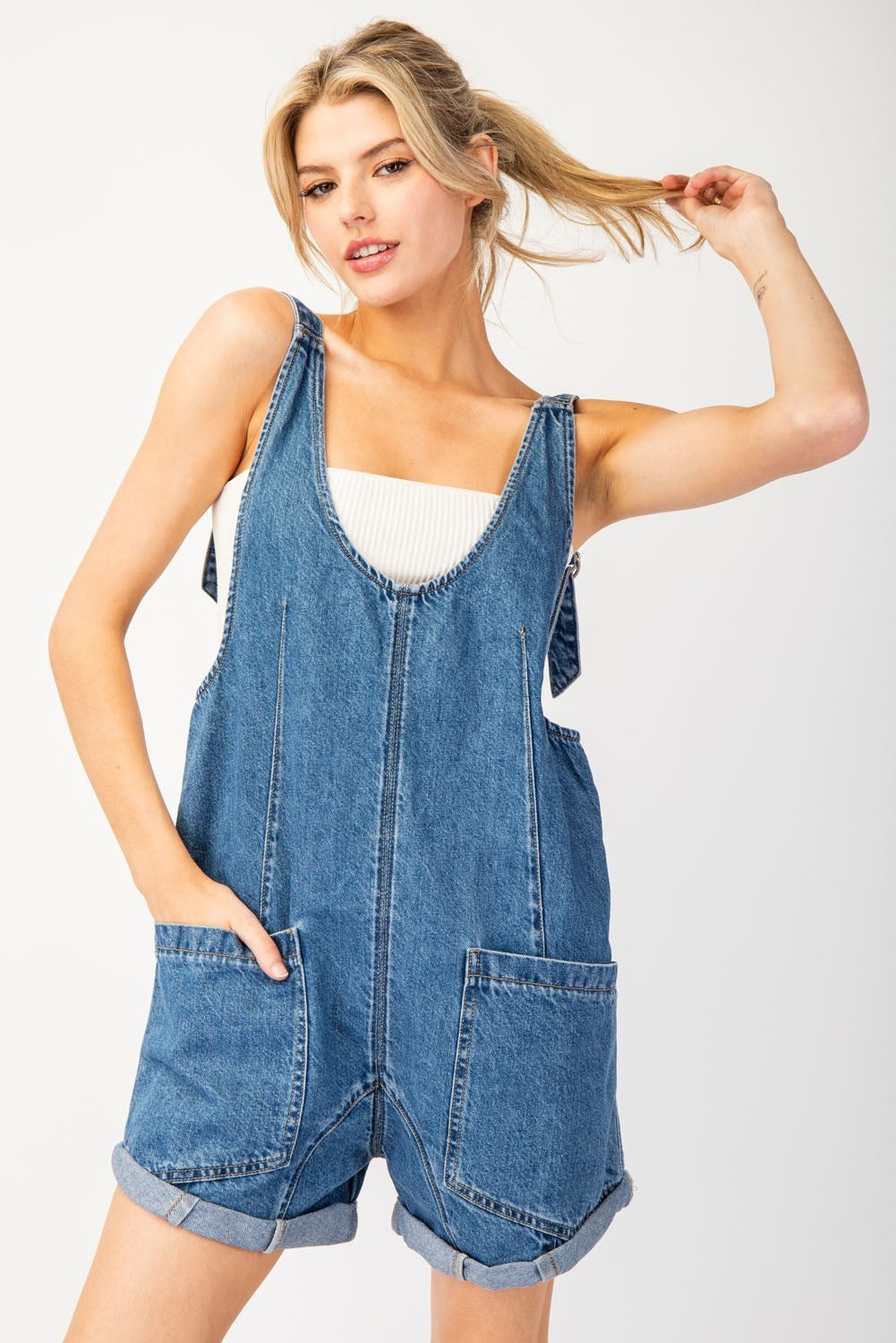 Mineral Washed Denim Sleeveless Romper by ee some P NEMIR Dry Goods Co