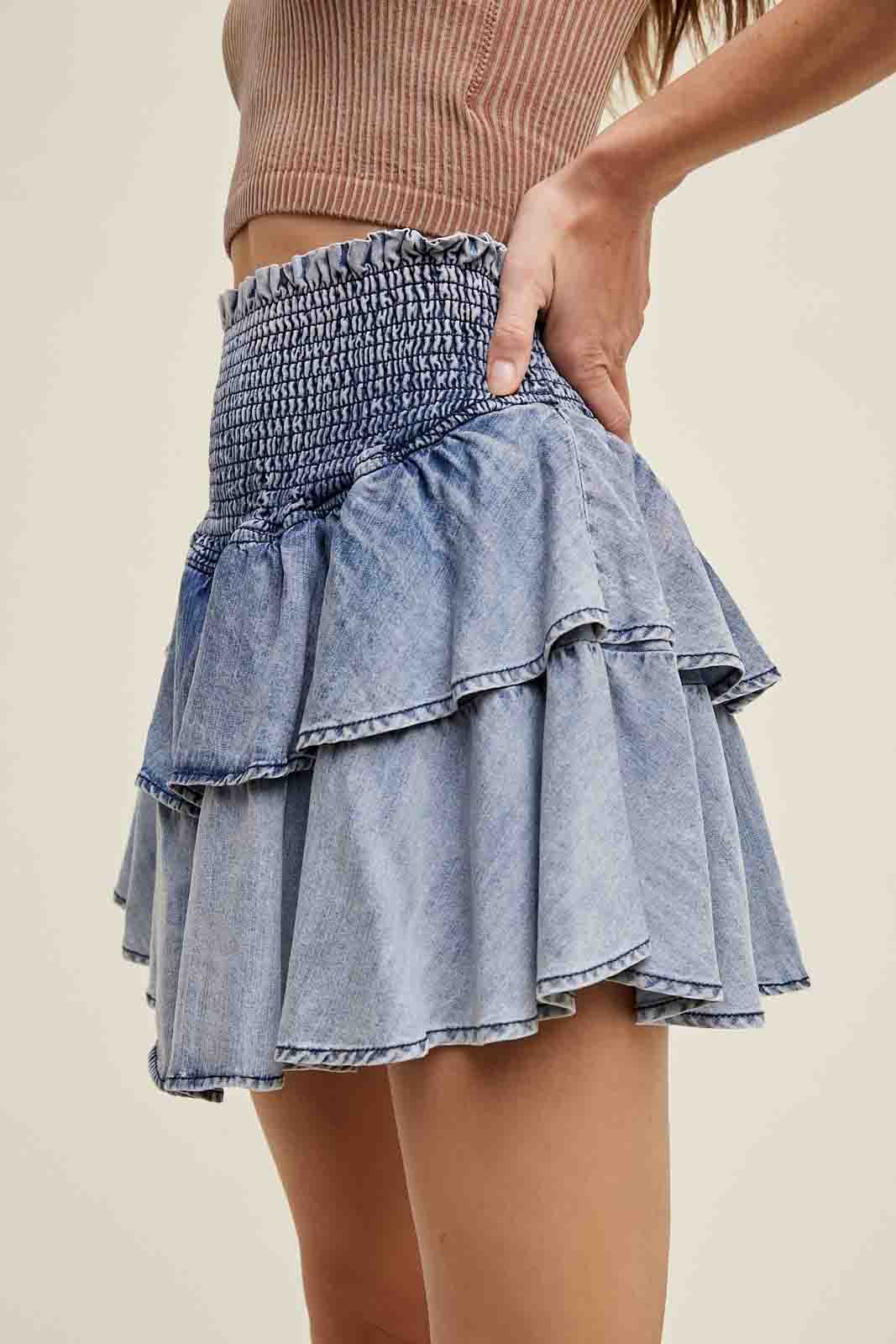 Tiered Denim Mini Skirt in Denim by Wishlist