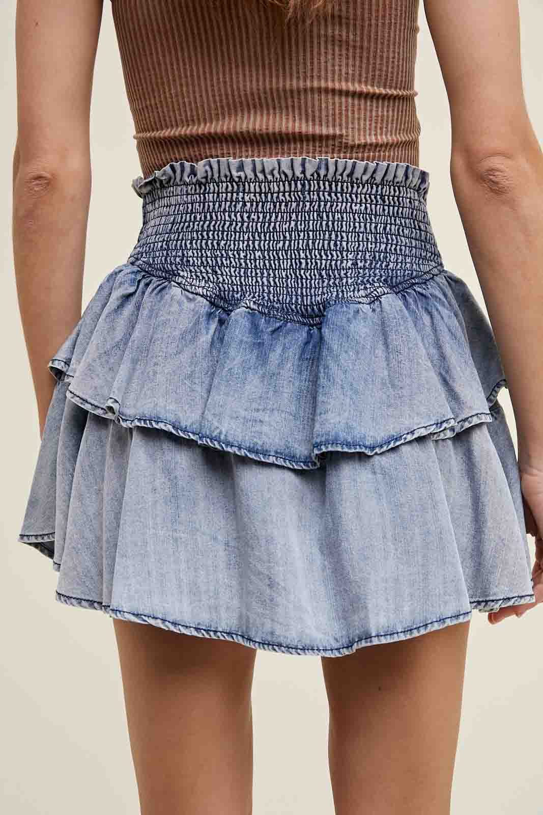 Tiered Denim Mini Skirt in Denim by Wishlist