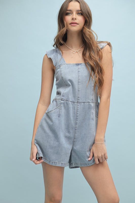 Denim Ruffle Sleeve Romper by Wishlist