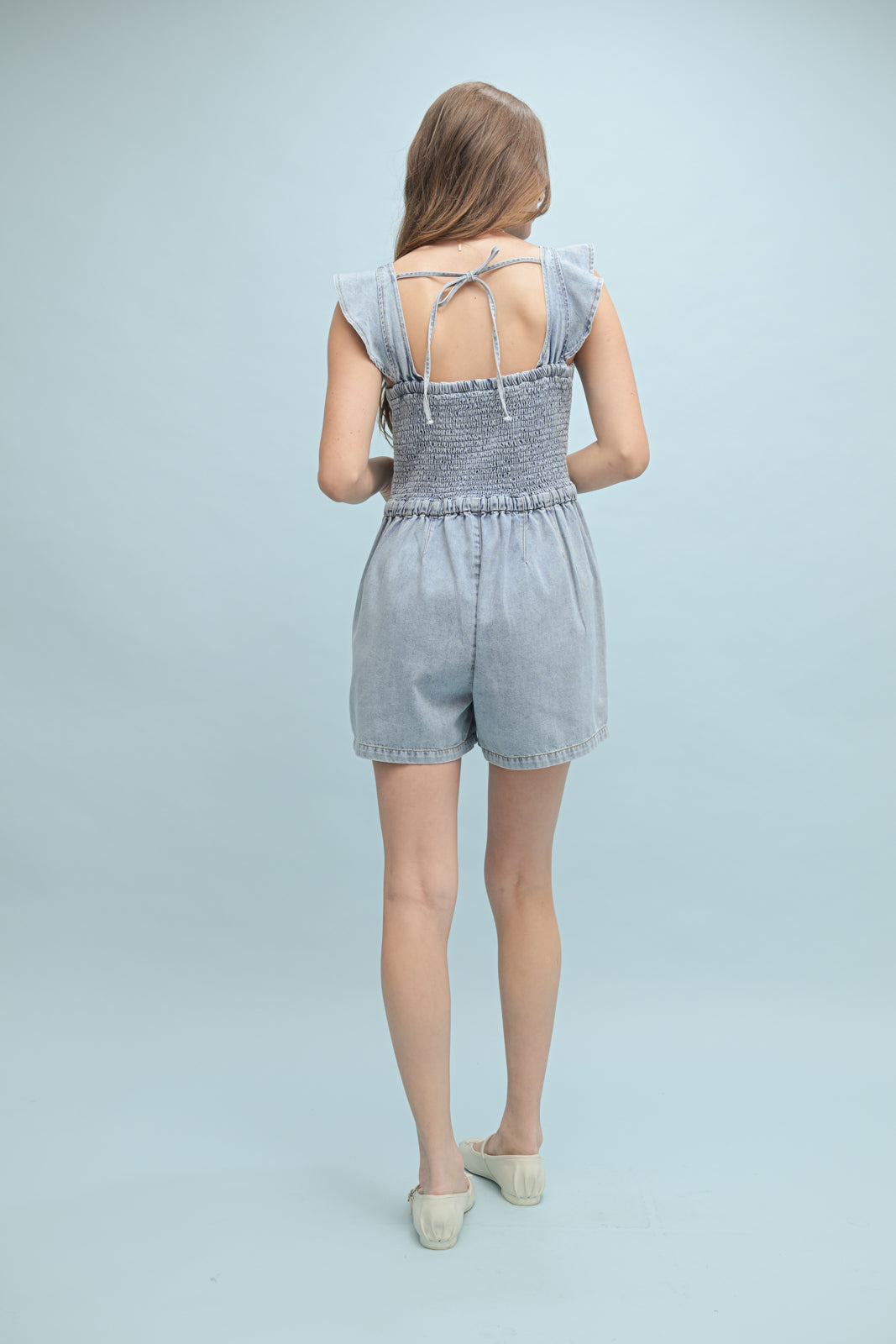 Denim Ruffle Sleeve Romper by Wishlist