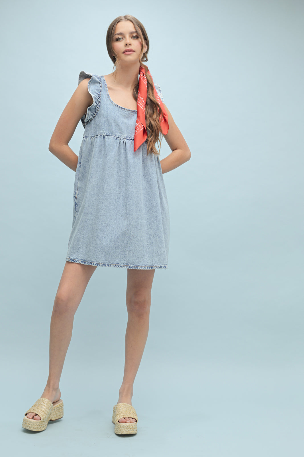 Denim Ruffle Sleeve Mini Dress by Wishlist