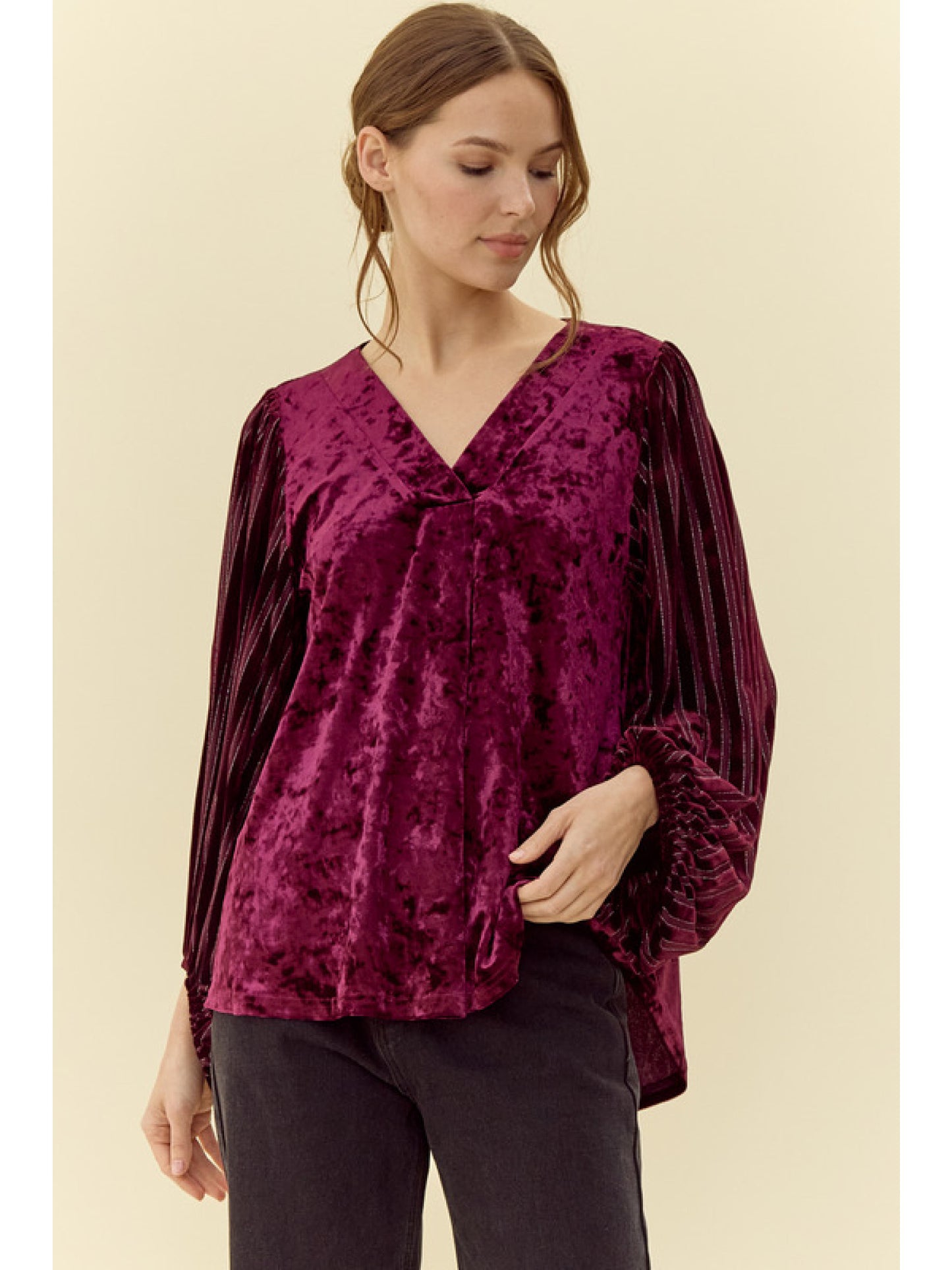 Draped Sleeve V Neck Velvet Top by Jodifl