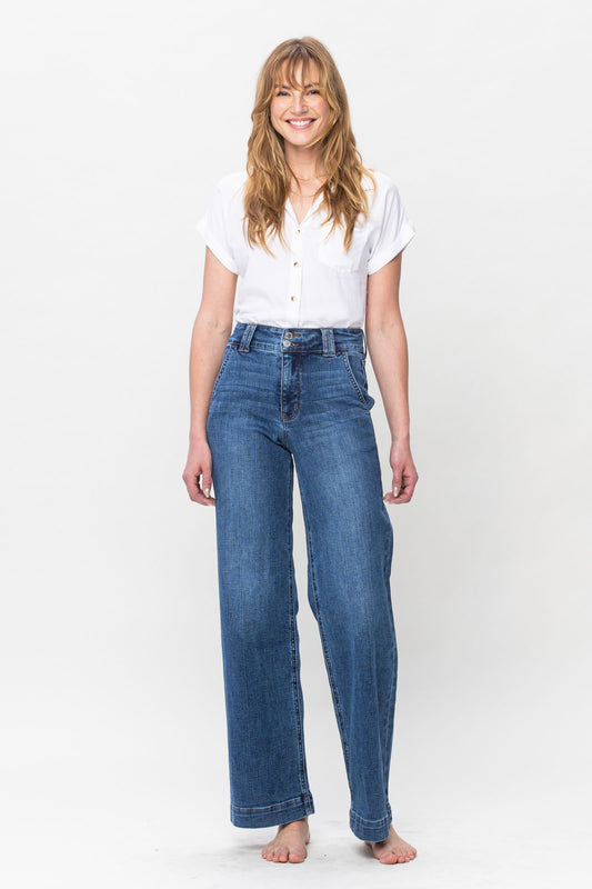 High Waist Double Button Wide Leg Jeans in Medium Blue by Judy Blue