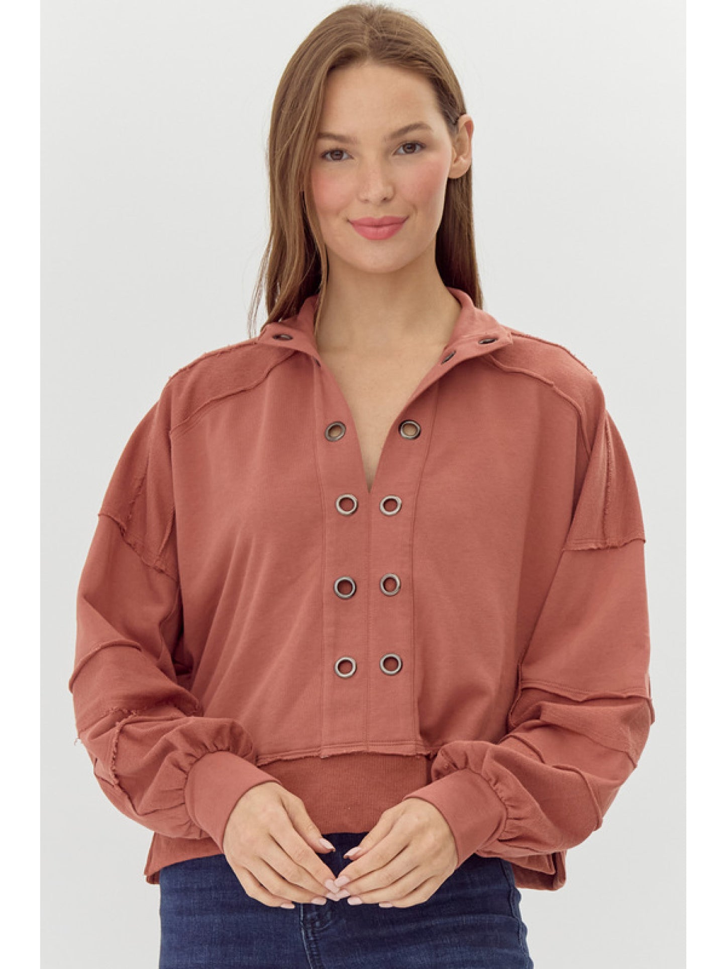 Eyelet Patch Cropped Pullover in Dark Mauve by Jodifl