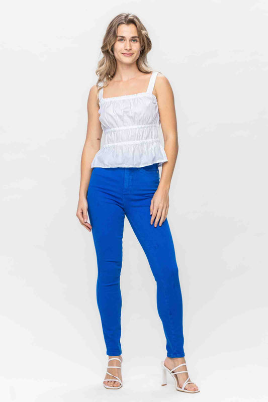 High Waisted Tummy Control Garment Dyed Skinny Jeans in Cobalt Blue by Judy Blue