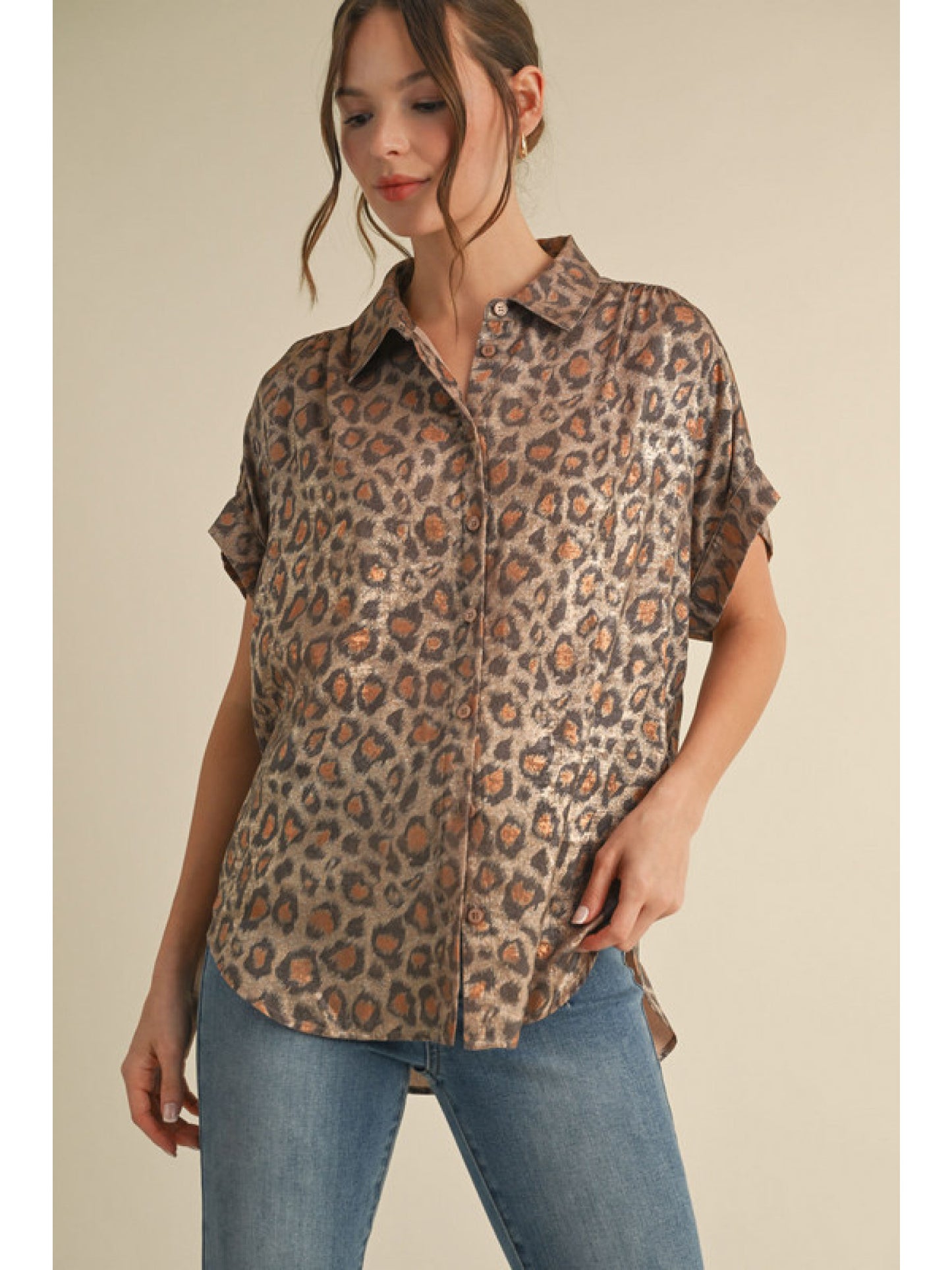 Shiny Leopard Print Button Down Top by Jodifl