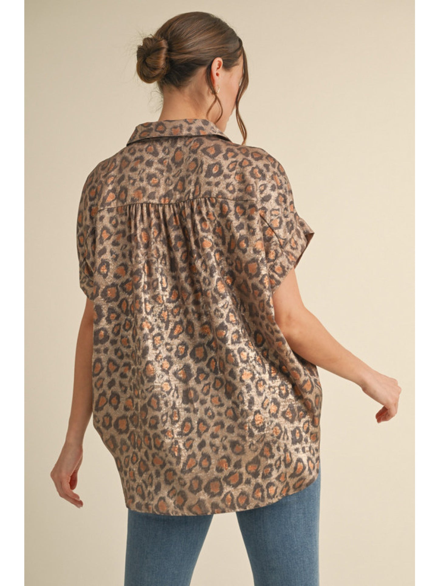 Shiny Leopard Print Button Down Top by Jodifl