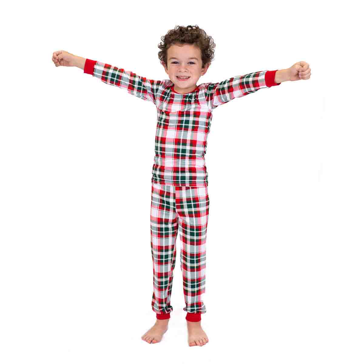 Kid's Mansfield Plaid Long Sleeve Pajamas Dark Green/True Red