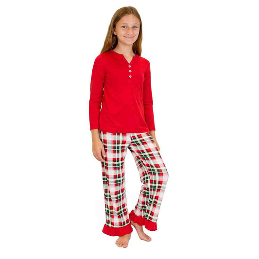 Girl's Mansfield Plaid Ruffle Sleep Pants Dark Green/True Red