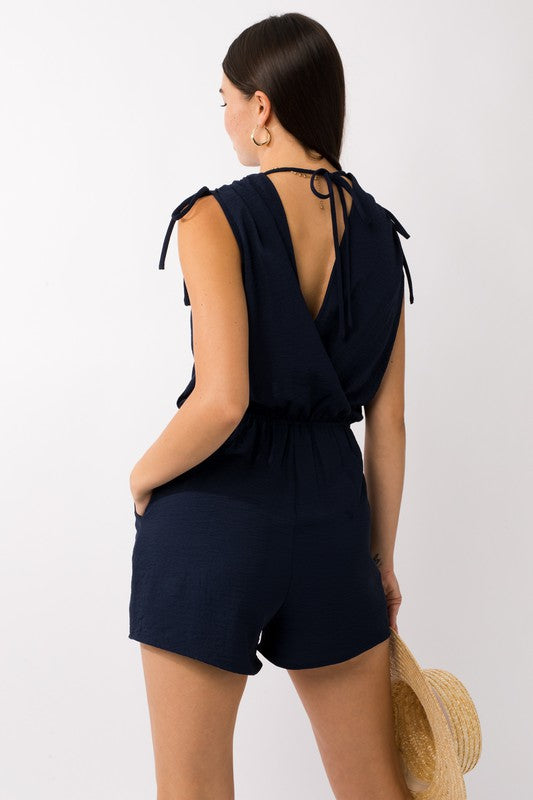 Gilli Sleeveless Shoulder Ruching Navy Romper