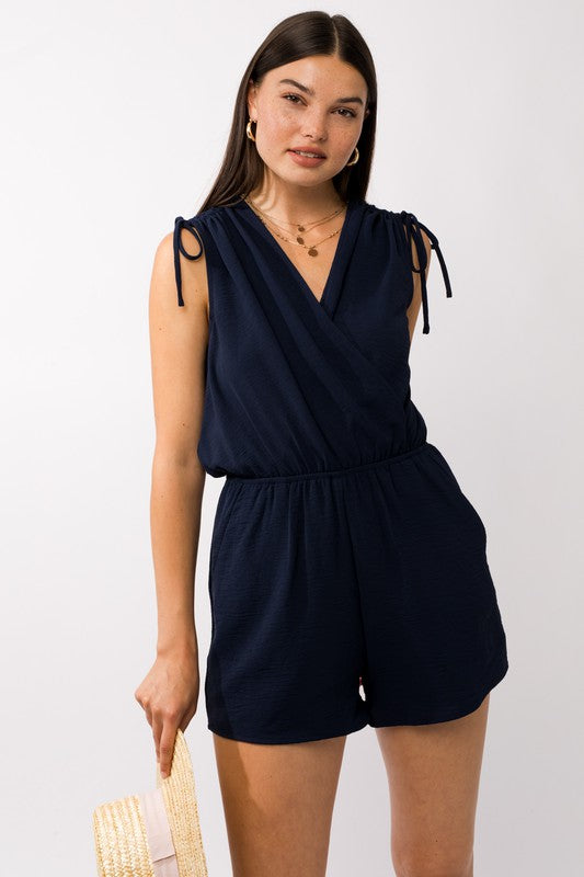 Gilli Sleeveless Shoulder Ruching Navy Romper