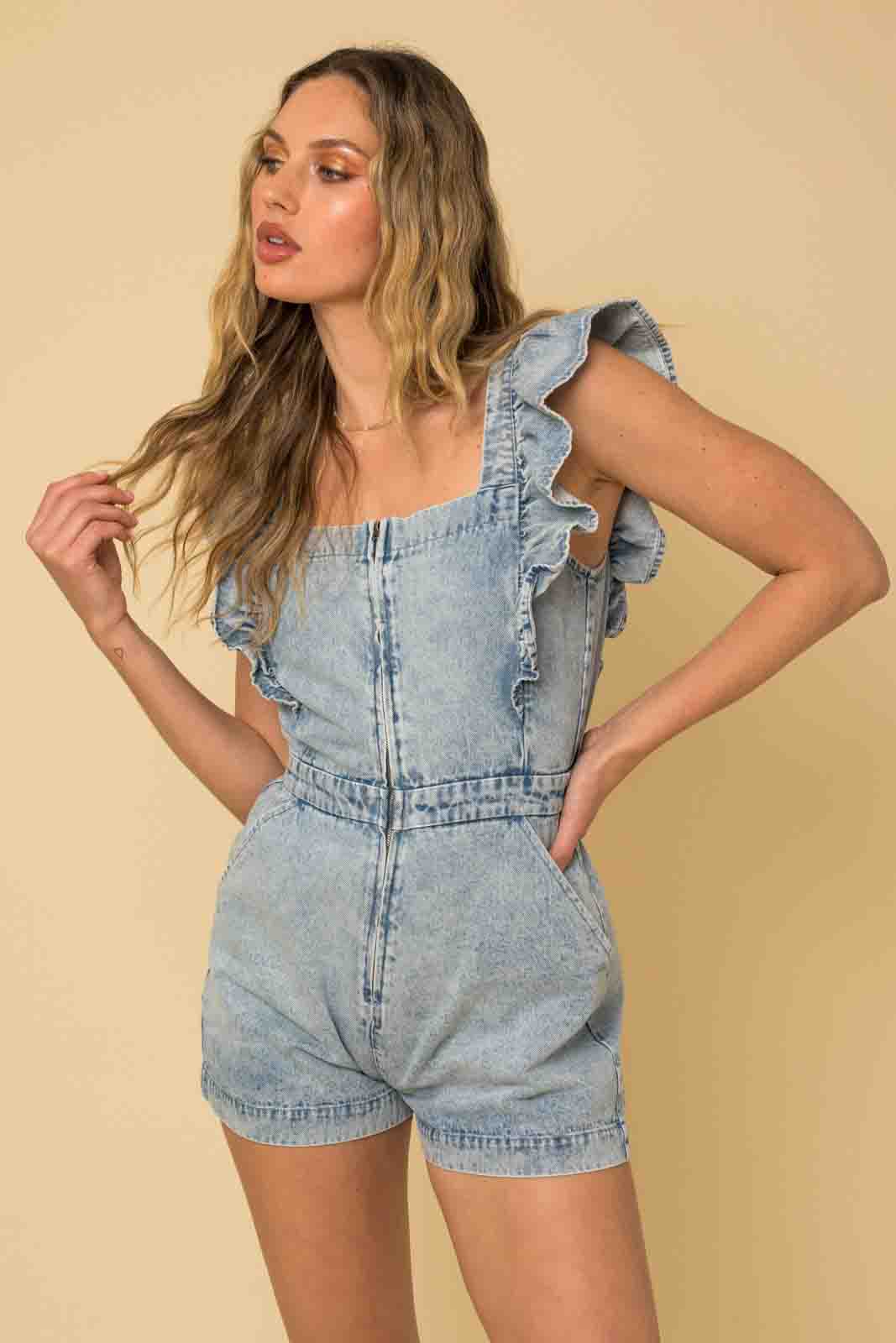 Denim Ruffle Sleeved Shorts Romper