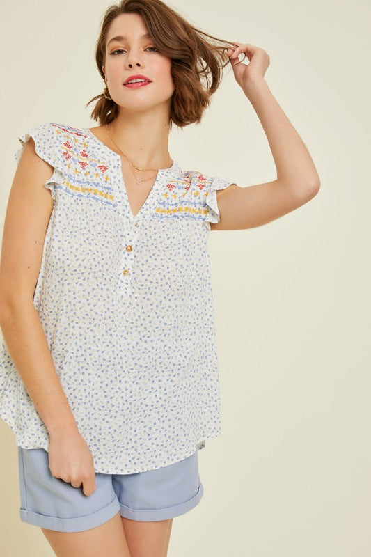 Ditsy Floral Blouse with Embroidered Yoke