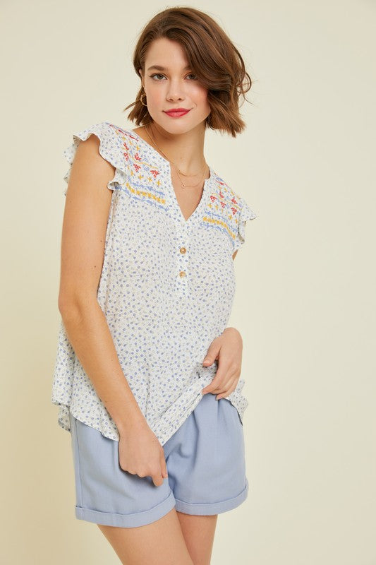 Ditsy Floral Blouse with Embroidered Yoke