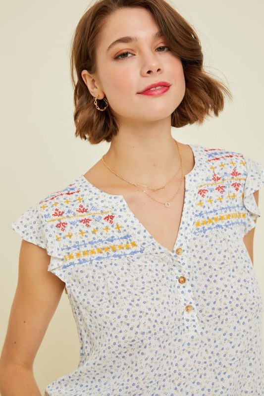 Ditsy Floral Blouse with Embroidered Yoke