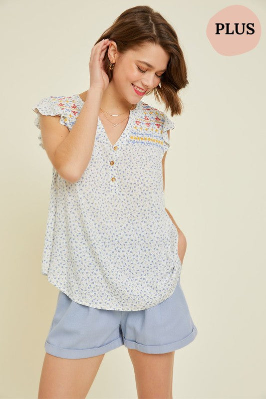 Ditsy Floral Blouse with Embroidered Yoke Plus