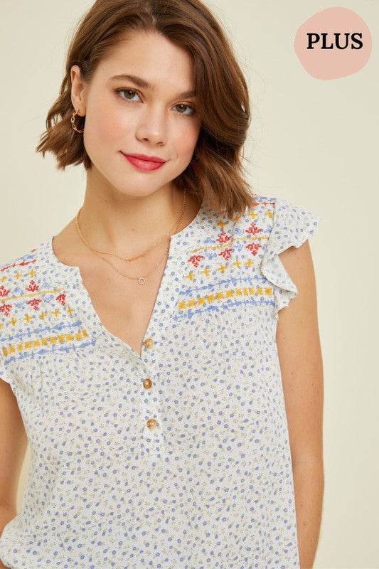 Ditsy Floral Blouse with Embroidered Yoke Plus