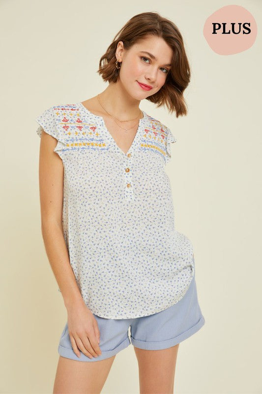 Ditsy Floral Blouse with Embroidered Yoke Plus