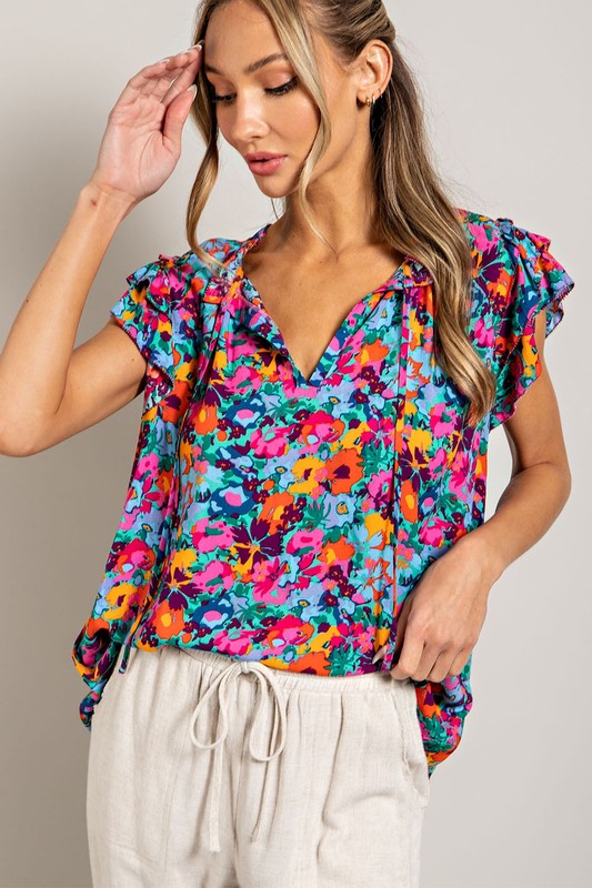 Floral Drawstring Short-Sleeve Top Hot Pink