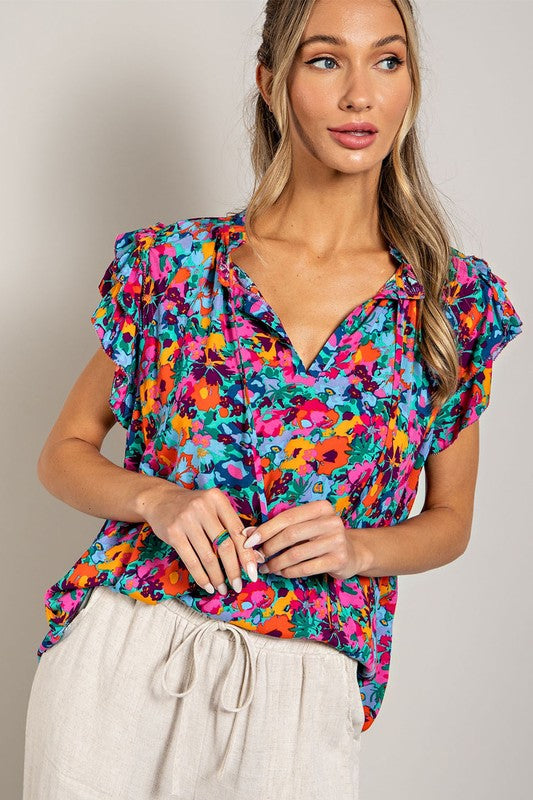 Floral Drawstring Short-Sleeve Top Hot Pink