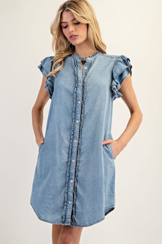 Ruffle Sleeve Denim Button Down Dress by ee:some