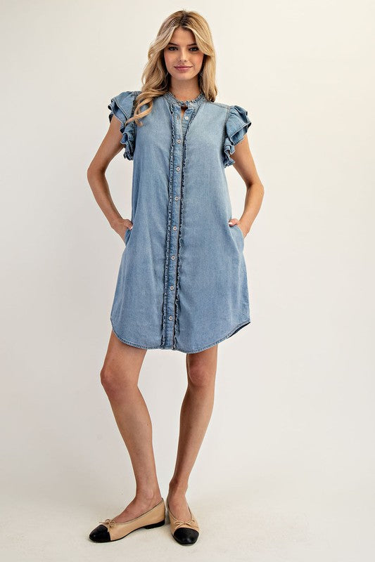 Ruffle Sleeve Denim Button Down Dress by ee:some