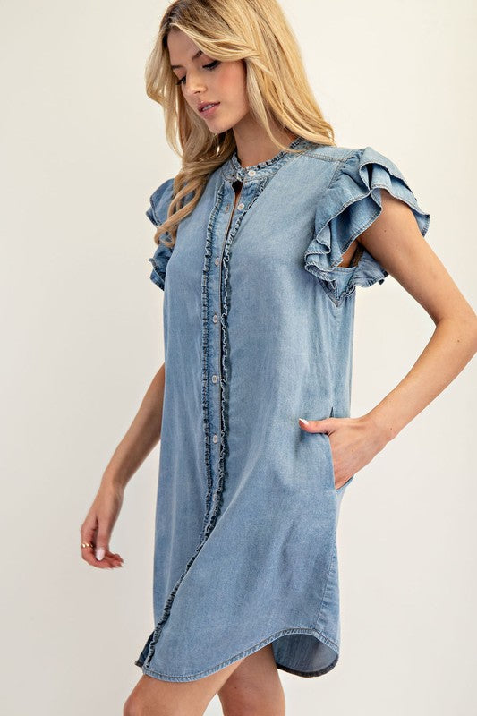 Ruffle Sleeve Denim Button Down Dress by ee:some