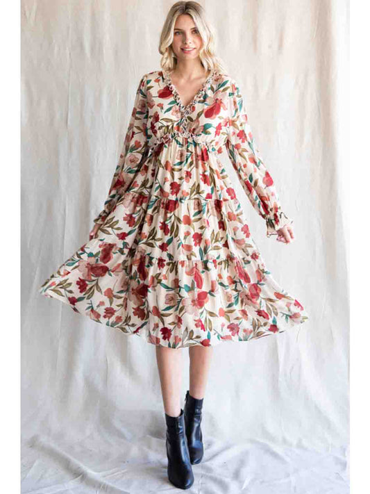 Floral Chiffon Long Sleeve Midi Dress