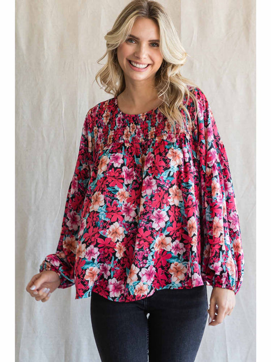 Floral Print, Smocked Yoke With BIshop Sleeves Top by Jodifl