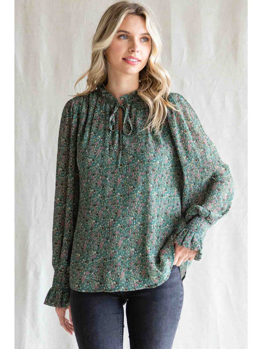 Textured Print Chiffon Top with Poet Sleeves in Hunter Green by Jodifl