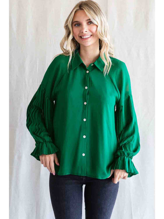 Hunter Green Chiffon Top with Pleated Poet Long Sleeves