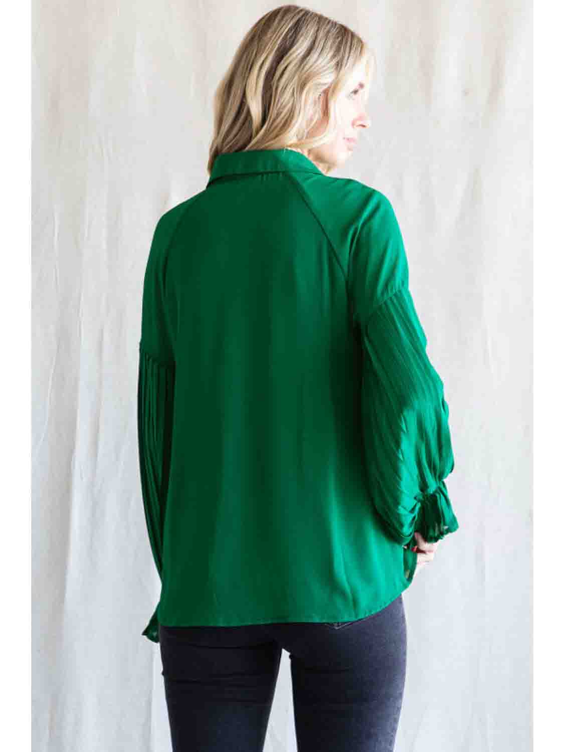 Hunter Green Chiffon Top with Pleated Poet Long Sleeves