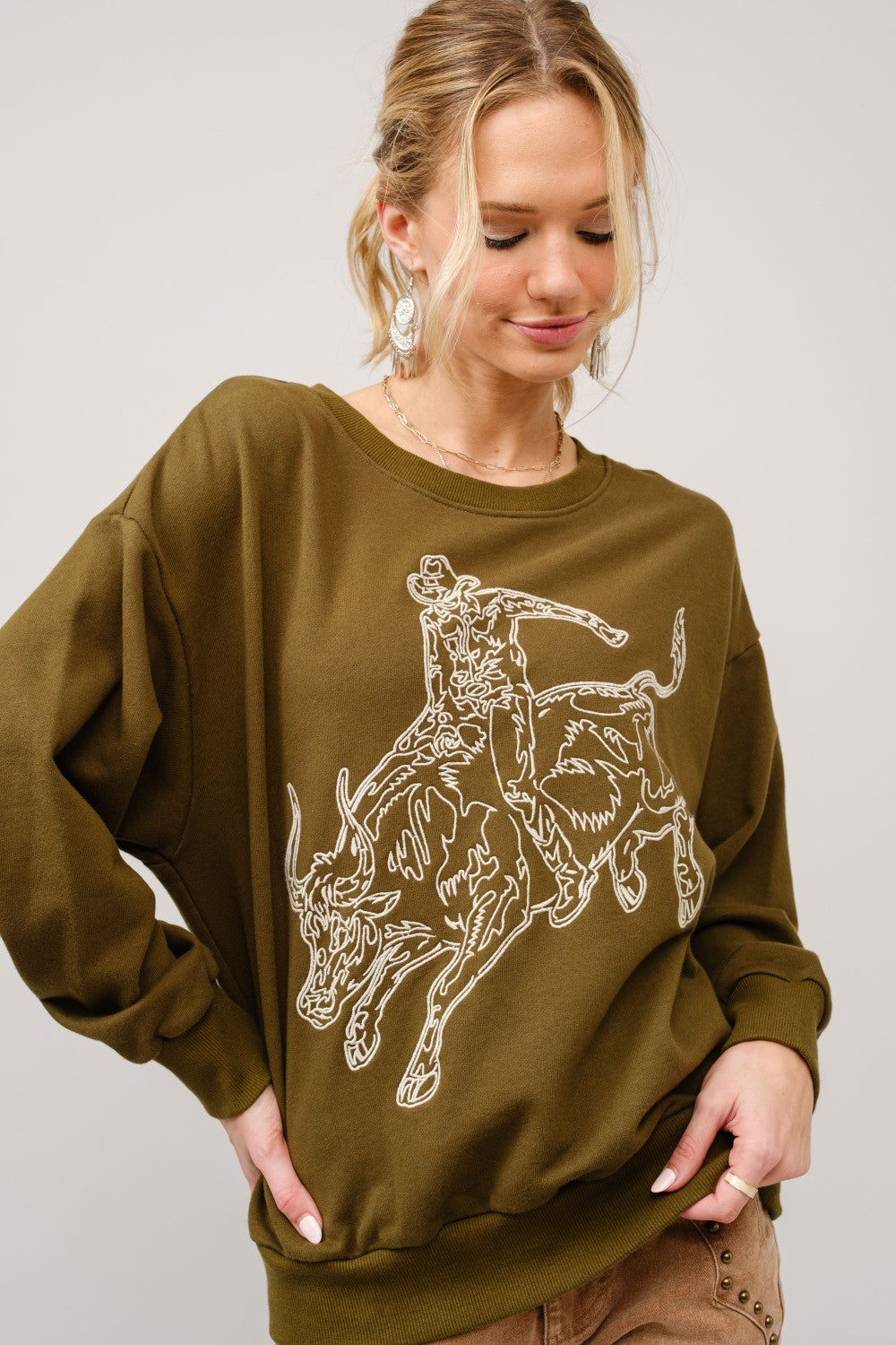 Embroidered Bull Riding Western Pullover by Blue B