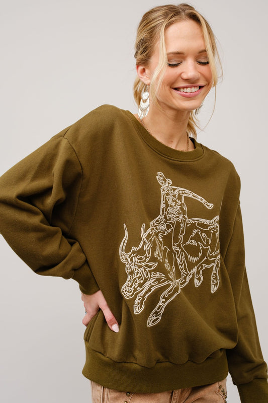 Embroidered Bull Riding Western Pullover by Blue B