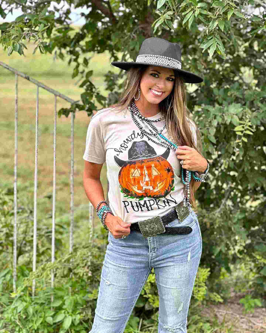 Howdy Pumpkin Tee on Heather Dust by Texas True Threads