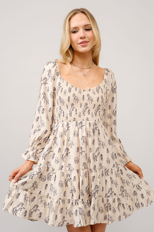 Horse Print Puff Sleeve Tiered Mini Dress by Blue B