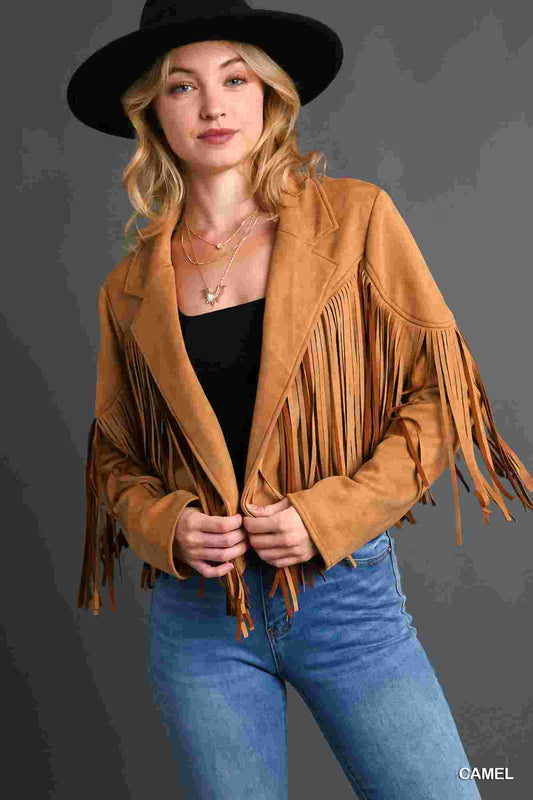 Faux Suede Open Front Jacket with Fringe by Umgee