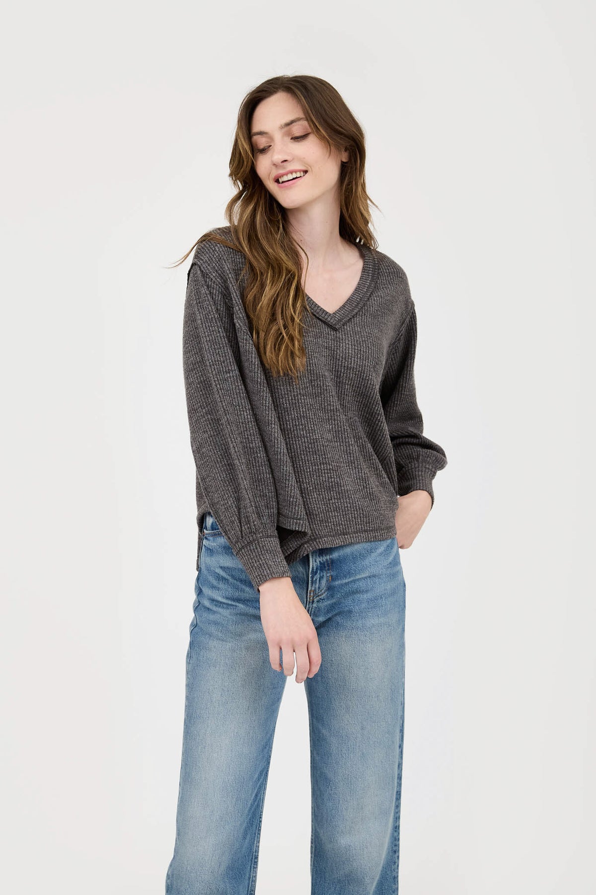 V Neck Asymmetrical Hem Long Sleeve Knit Top by Blu Pepper