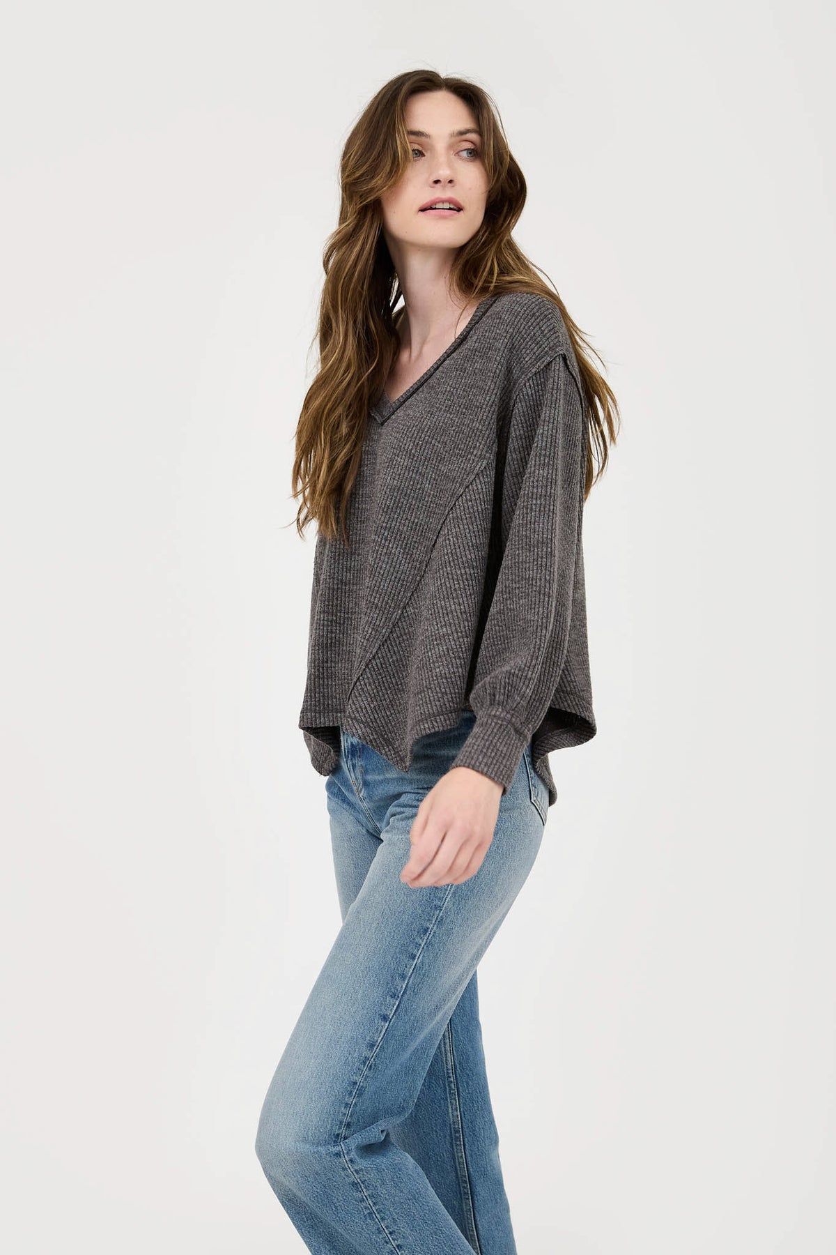 V Neck Asymmetrical Hem Long Sleeve Knit Top by Blu Pepper