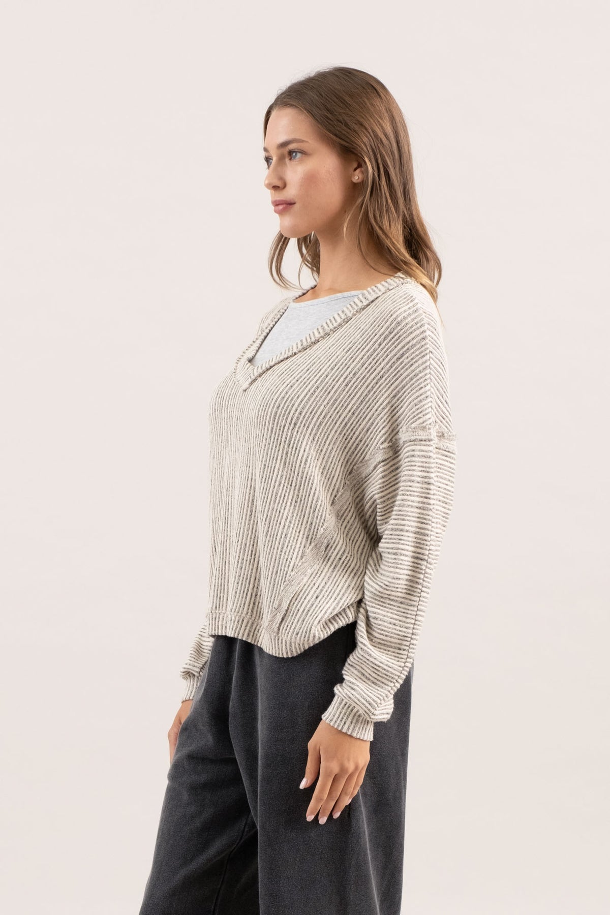 Striped Drop Shoulder V Neck Knit Top by Blu Pepper