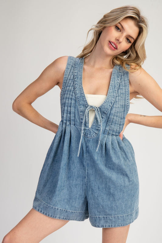 Mineral Washed Lace Tie Romper by ee:some