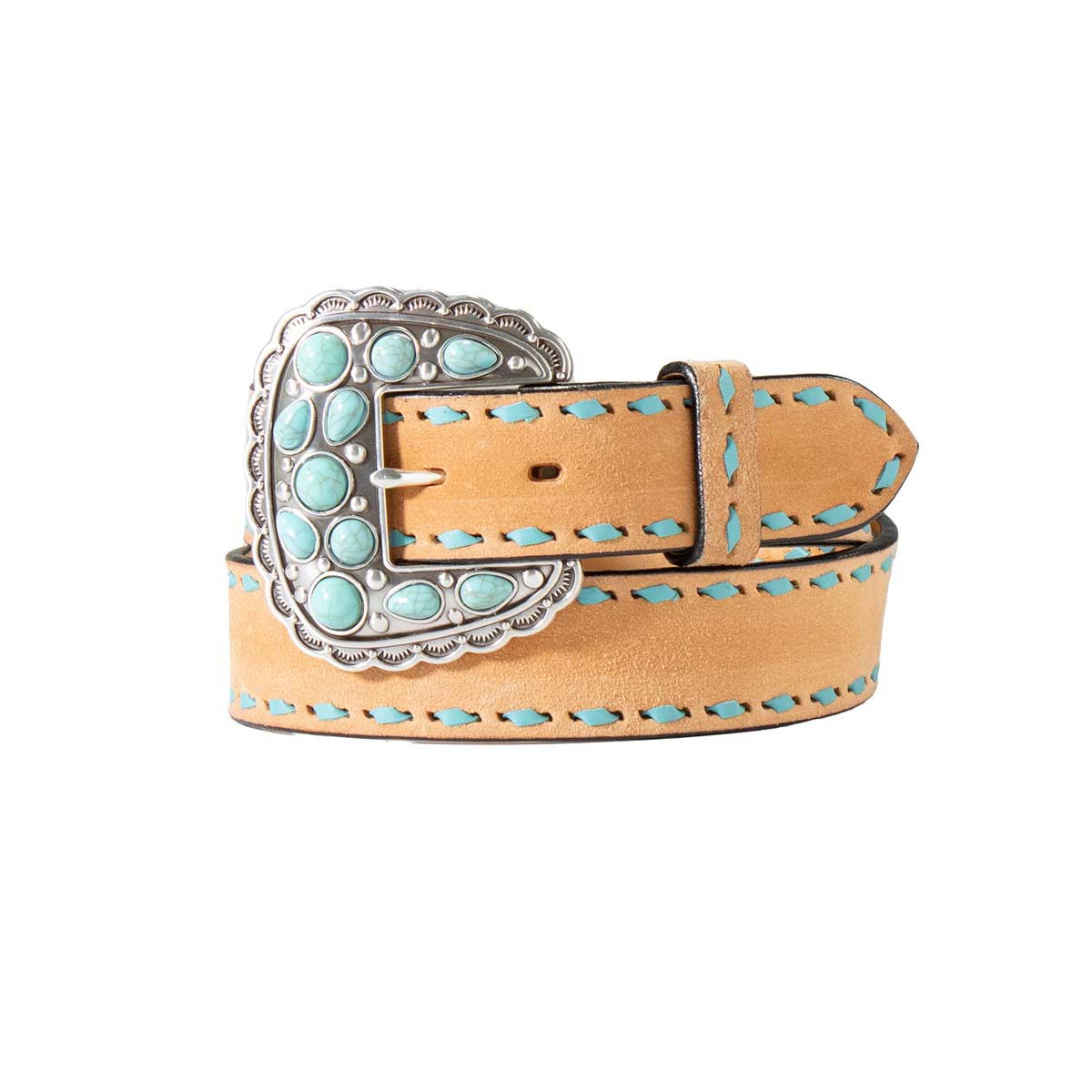 Angel Ranch Ladies Belt 1.5" Roughout Twisted Buck with Turquoise Stones and Lacing