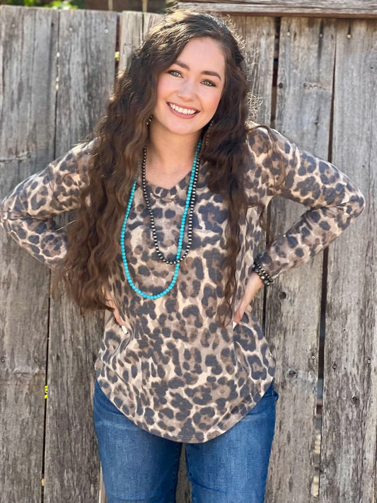 Fuzzy Leopard Long-Sleeve V-Neck Top