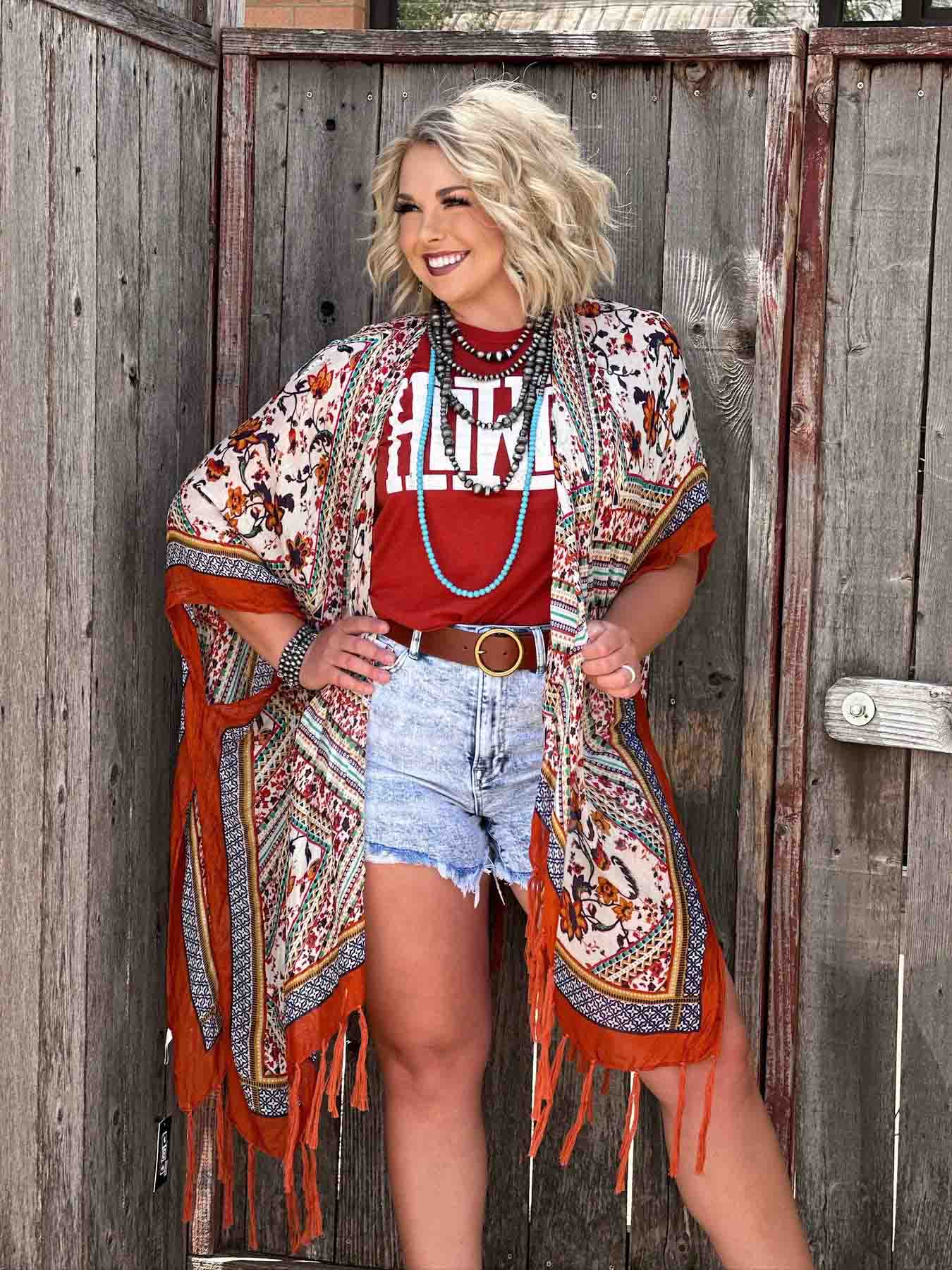 Tally Rust Floral Short-Sleeve Kimono