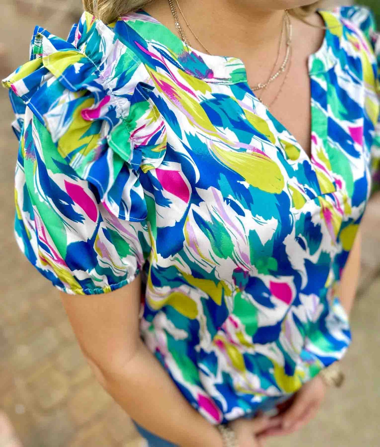 Ruthie Colorful V Neck Top by Washco Apparel