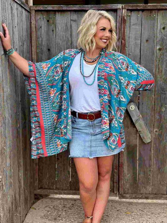 Mae Turquoise Short-Sleeve Kimono