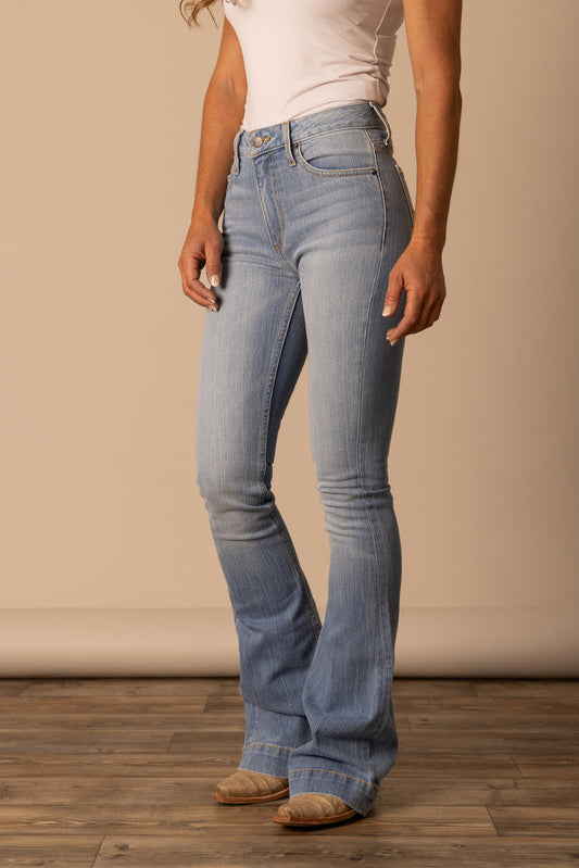 Jennifer Flare Leg High Rise Jeans in Light Blue Wash by Kimes Ranch