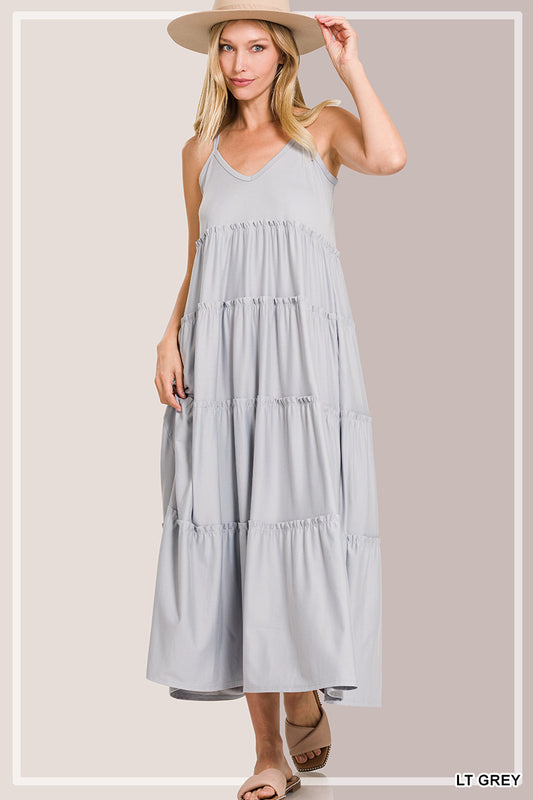 V-Neck Cami Maxi Tiered Dress with Side Pockets