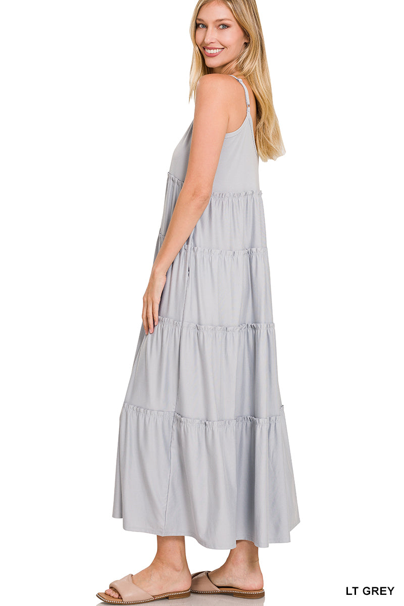 V-Neck Cami Maxi Tiered Dress with Side Pockets